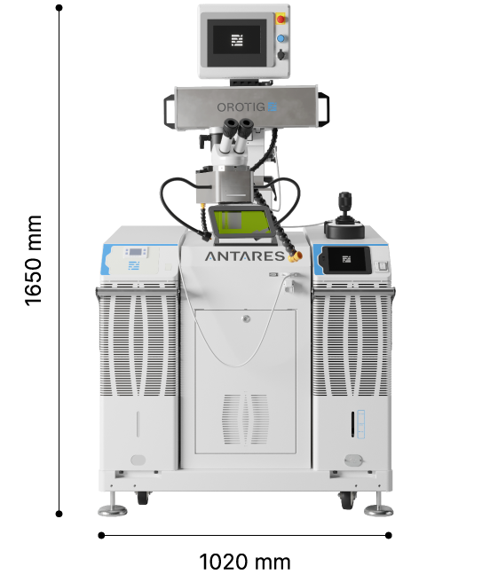 Encombrement et dimensions de la machine de soudage laser Antares d’Orotig.