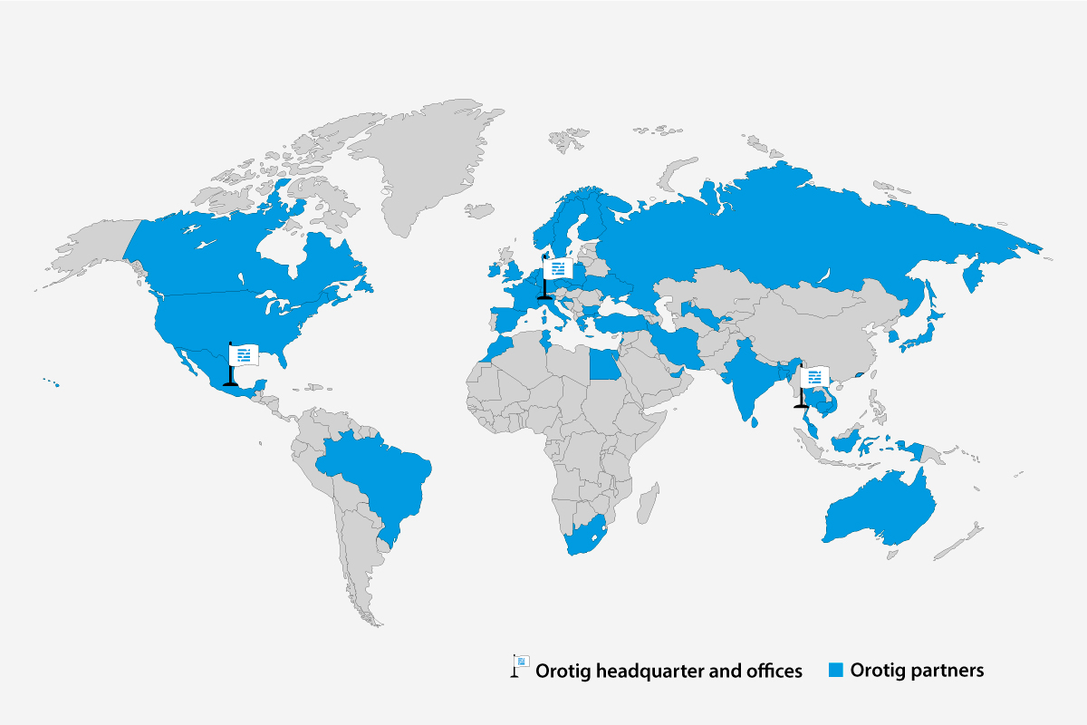 Weltkarte mit blau markierten Orotig-Partnern und Standorten.