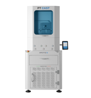 La máquina de fundición PT Cast de Orotig funde hasta 500 g de platino con un rendimiento de calidad y una atmósfera controlada por gas argón.