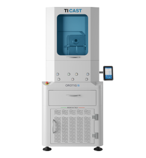 La máquina de fundición TI Cast de Orotig funde hasta 130 g de titanio de una sola vez en una atmósfera controlada por gas argón.