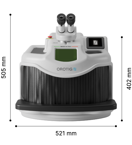 Encombrement et dimensions de la machine de soudage laser Evo White d’Orotig.