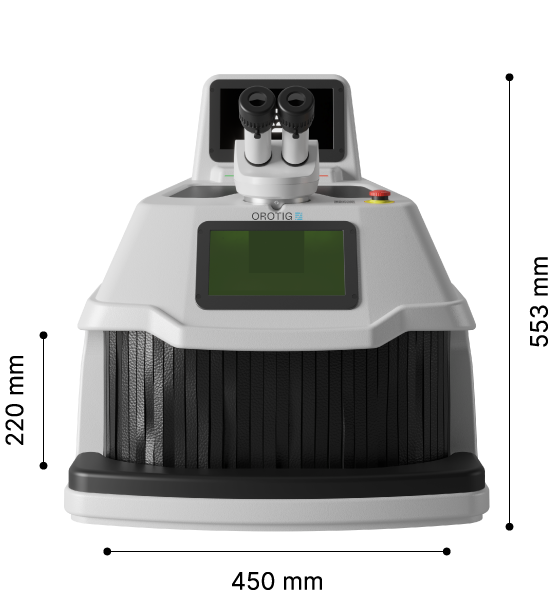 Encombrement et dimensions de la machine de soudage laser Evo X d’Orotig.