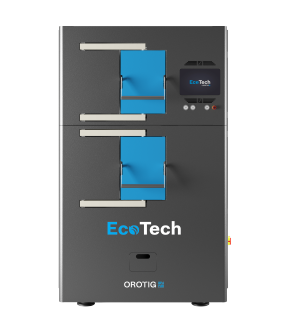 EcoTech is Orotig's two-chamber rotating burnout furnace that allows the burnout of different types of material at the same time.