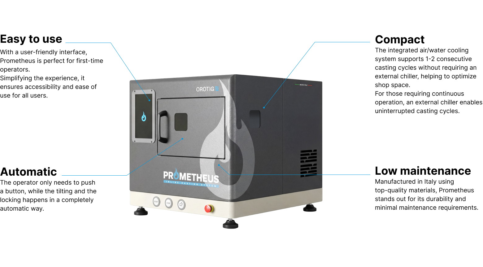 Technical features of Orotigs Prometheus laser welder.