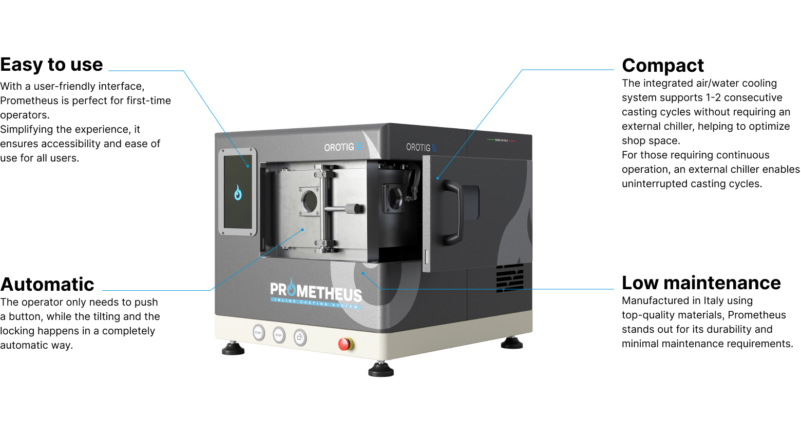 Technical features of Orotigs Prometheus laser welder.