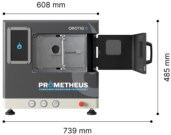 Encombrement et dimensions de la machine de coulée Prometheus d’Orotig.