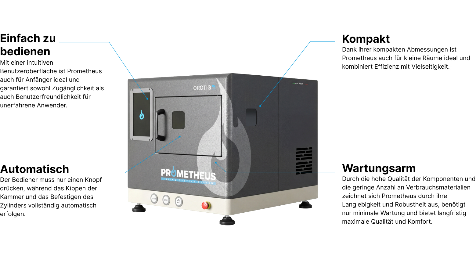 Technische Merkmale der Prometheus Gießmaschine von Orotig.