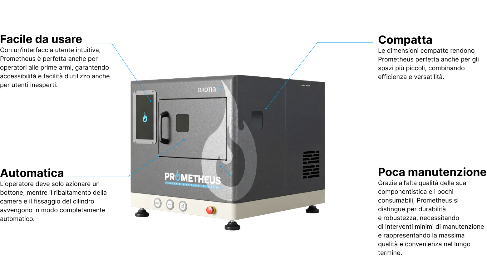 Caratteristiche tecniche Prometheus | Caratteristiche tecniche della fonditrice da banco Prometheus di Orotig