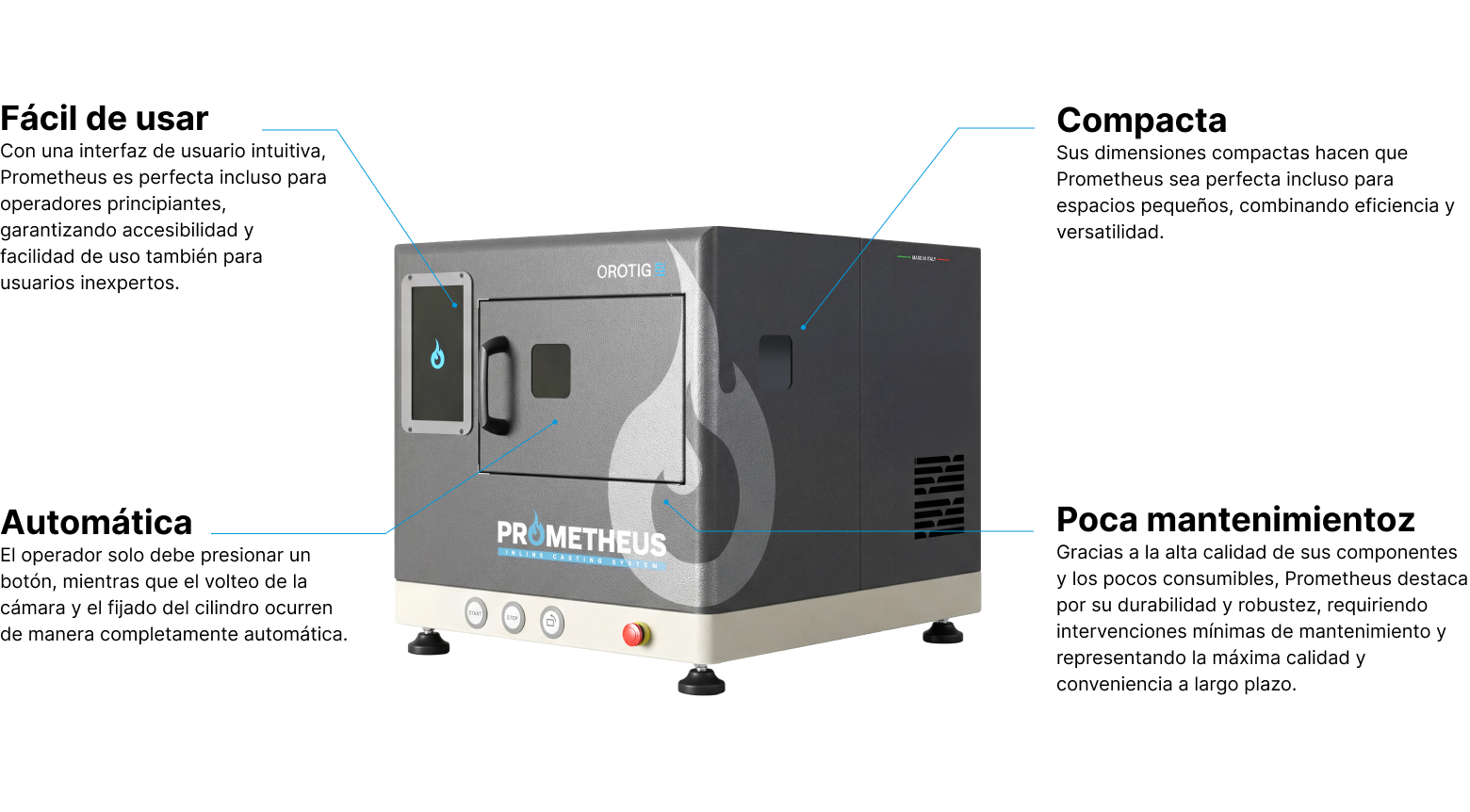 Características técnicas de la máquina de fundición Prometheus de Orotig.