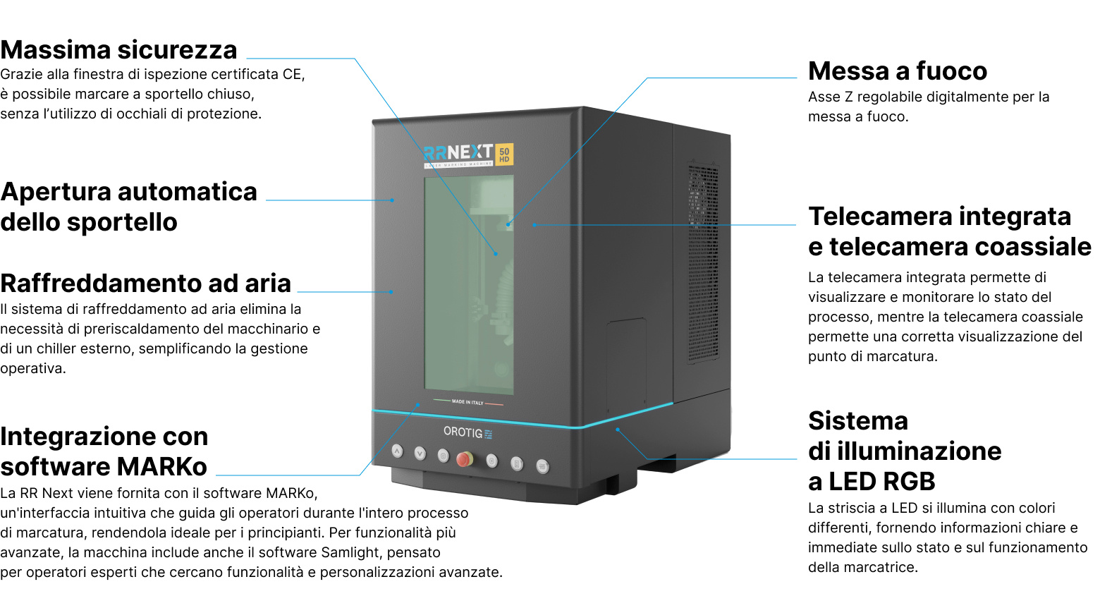 Caratteristiche tecniche RR Cellini | Caratteristiche tecniche della marcatrice laser tridimensionale RR Next di Orotig