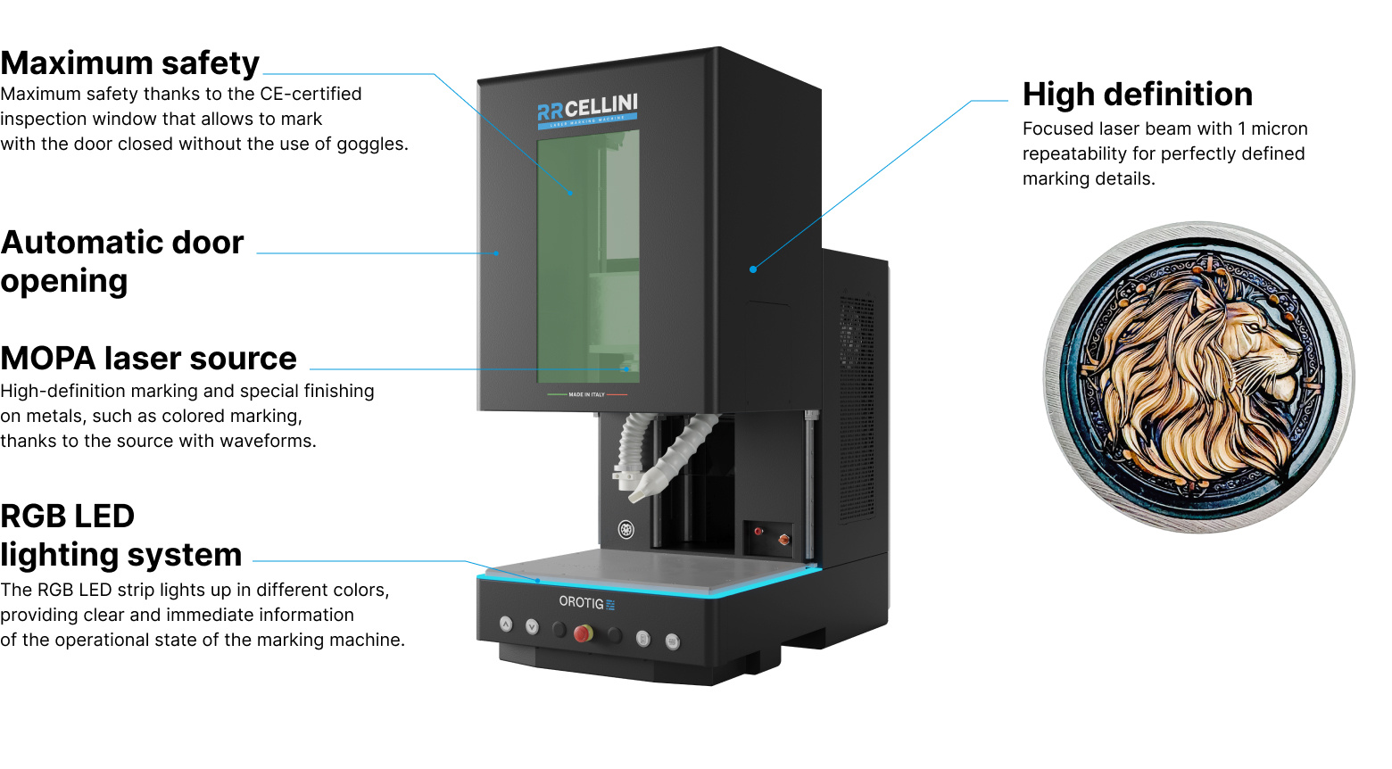 Technical features of Orotigs RR Cellini 3D marking laser.