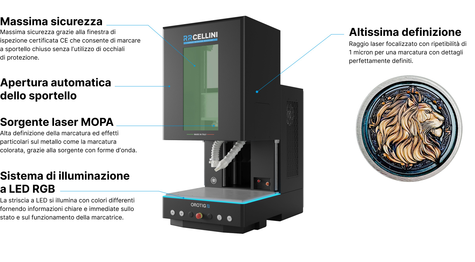 Caratteristiche tecniche RR Cellini | Caratteristiche tecniche della marcatrice laser tridimensionale RR Cellini di Orotig