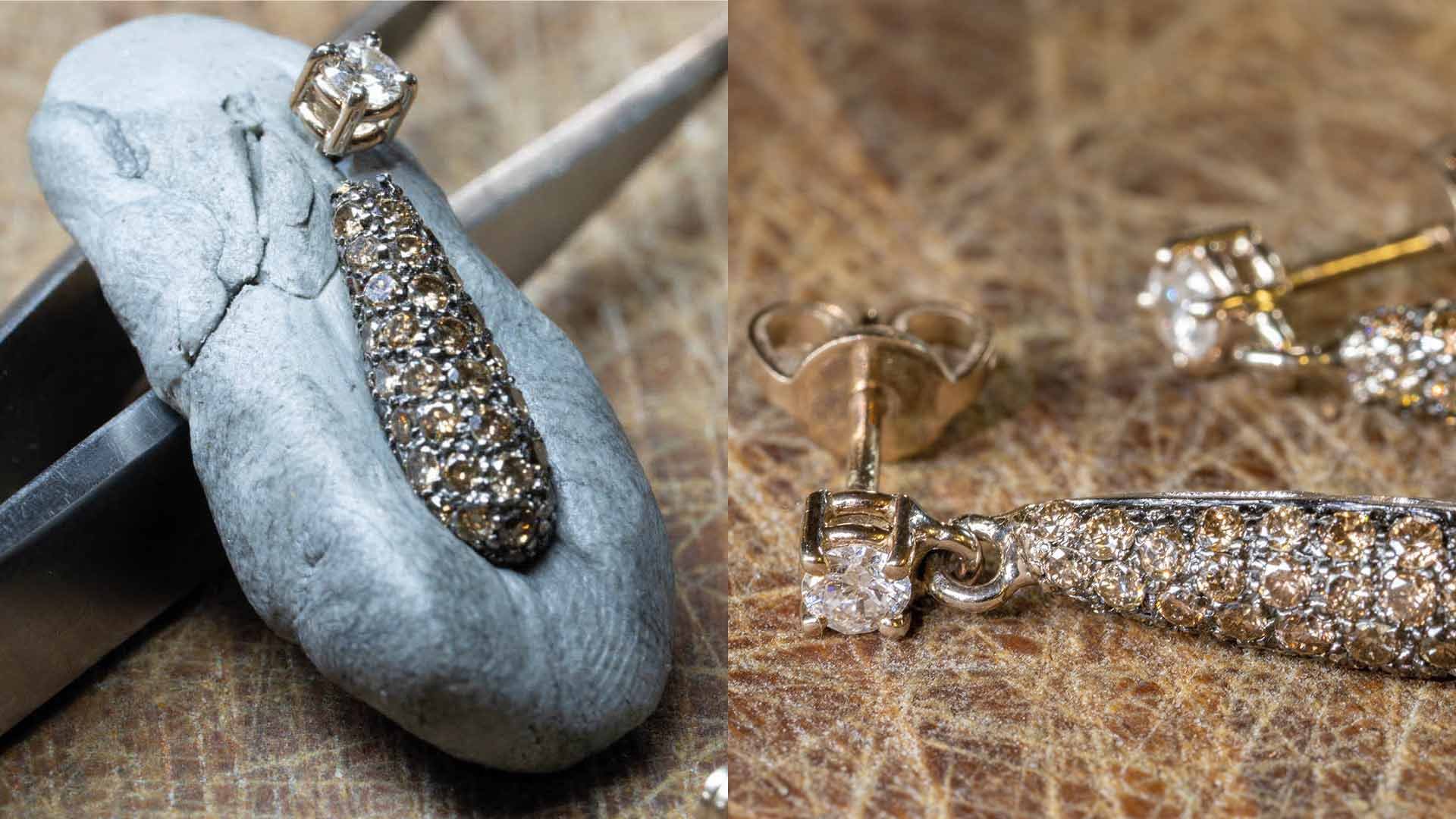 Detail of earrings with diamond pavé and gemstones; left shows the pendant and setting with post before welding, right shows the finished piece with the two parts joined by laser welding