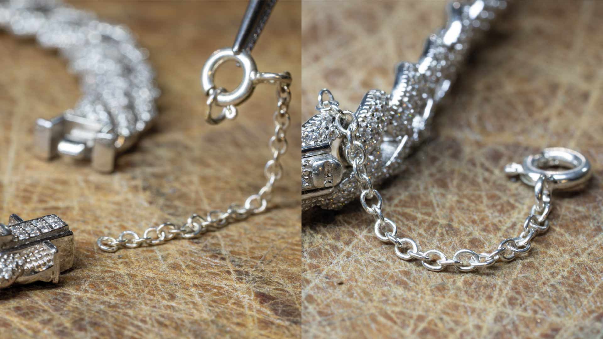 Detail of a white gold bracelet with diamonds; left shows the chain before welding, right shows the chain welded