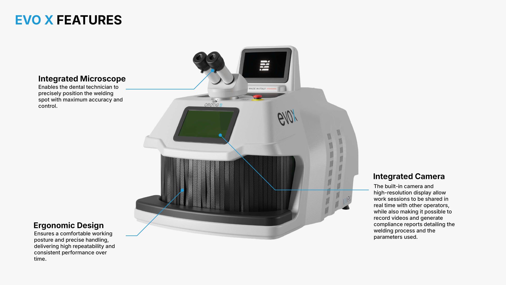 Orotig Evo X laser welder with integrated microscope and camera, designed for precision and comfort for the dental technician