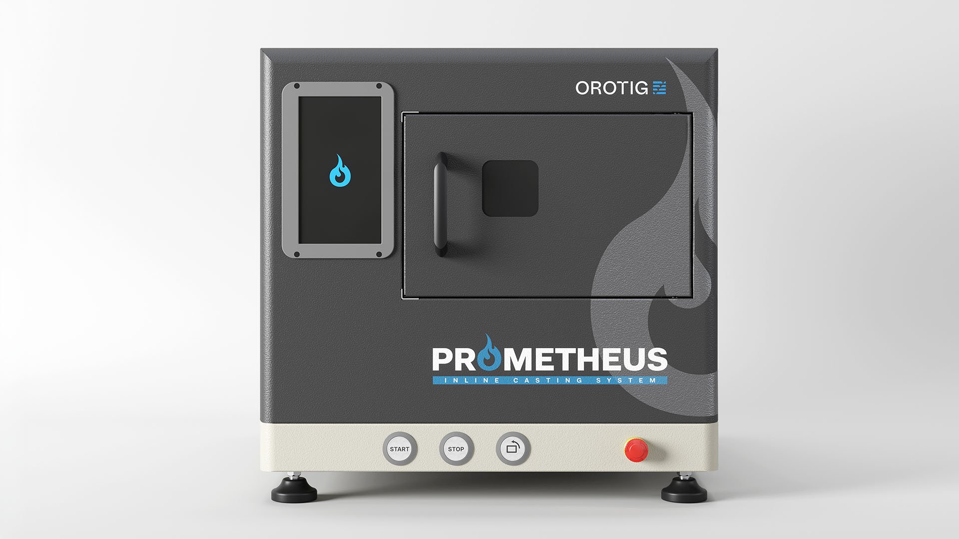 Front view of the compact Prometheus casting machine by Orotig.