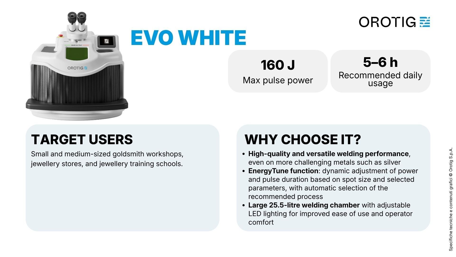Orotig laser welder lineup summary table: Evo White