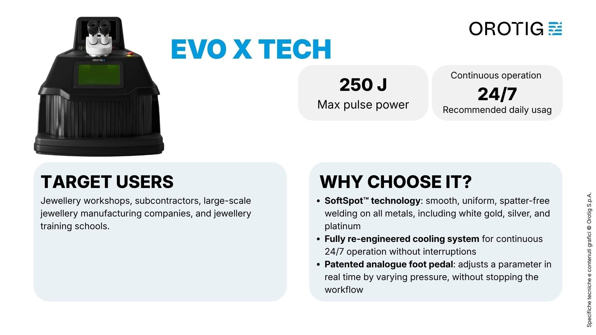 Orotig laser welder lineup summary table: Evo X Tech