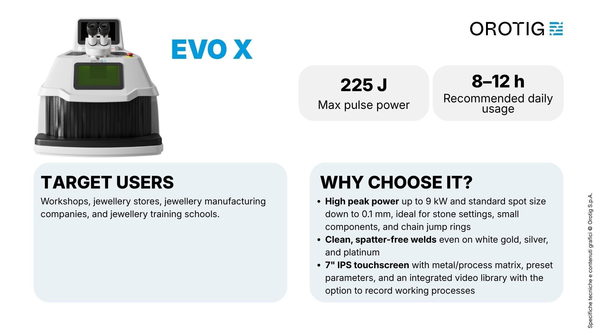 Orotig laser welder lineup summary table: Evo X