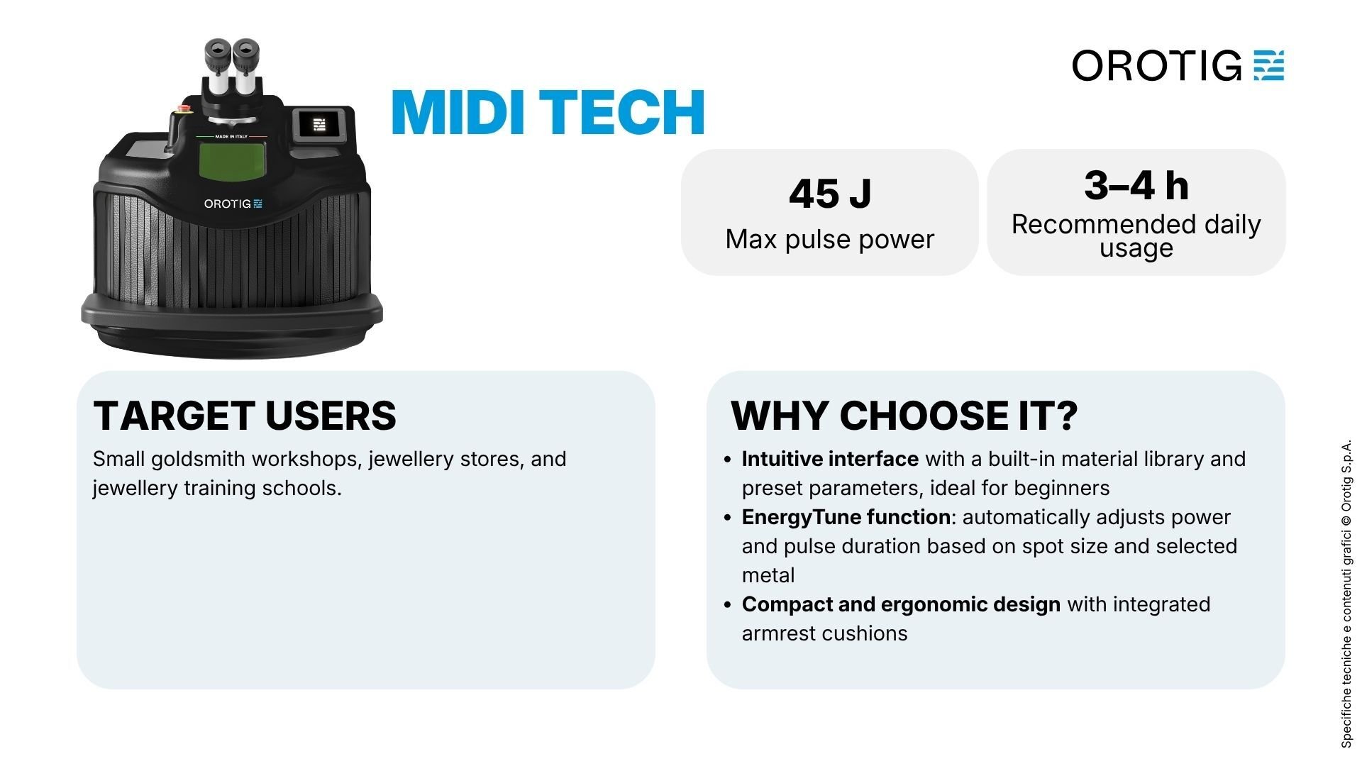 Orotig laser welder lineup summary table: Midi Tech