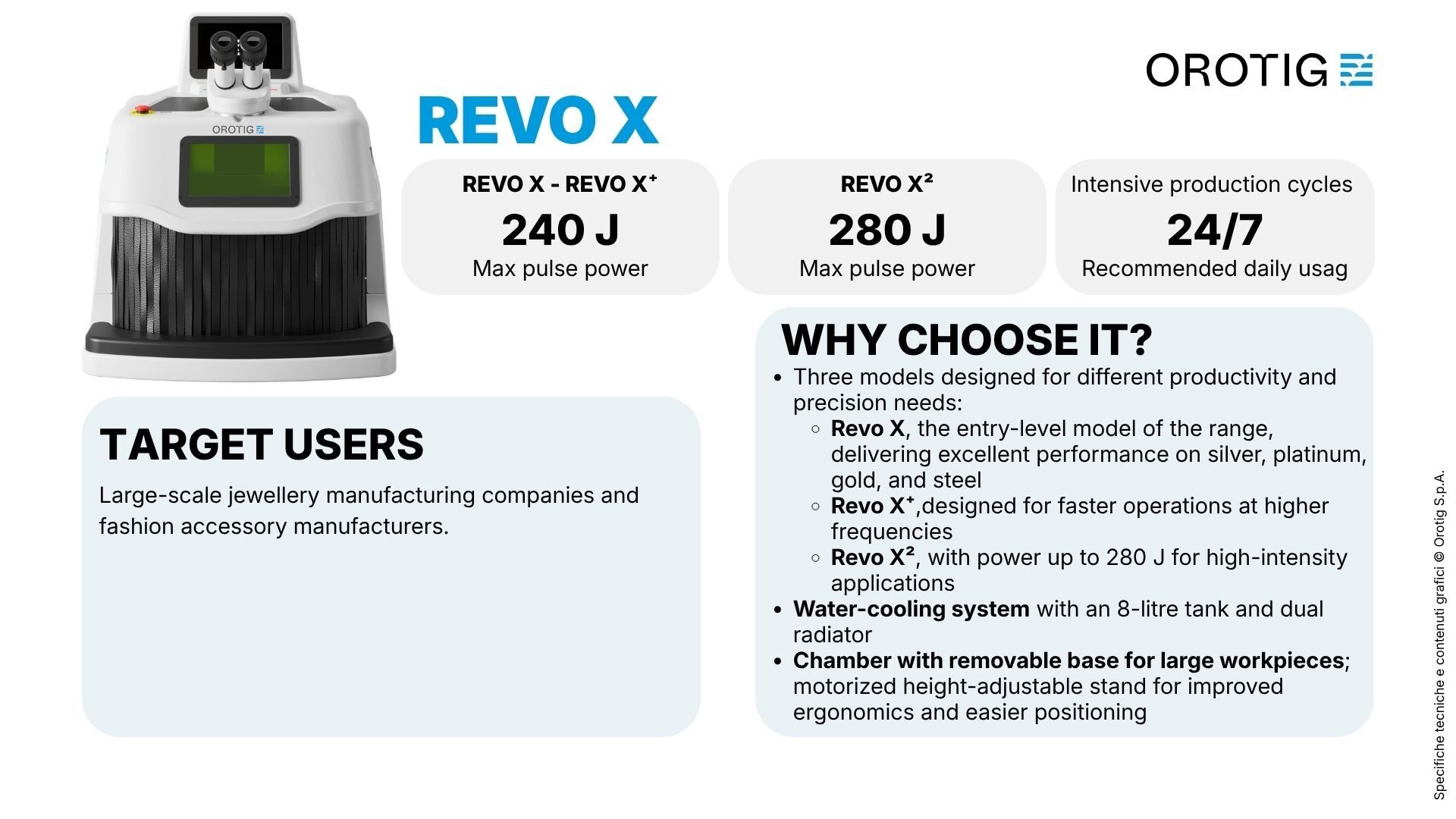 Orotig laser welder lineup summary table: Revo X