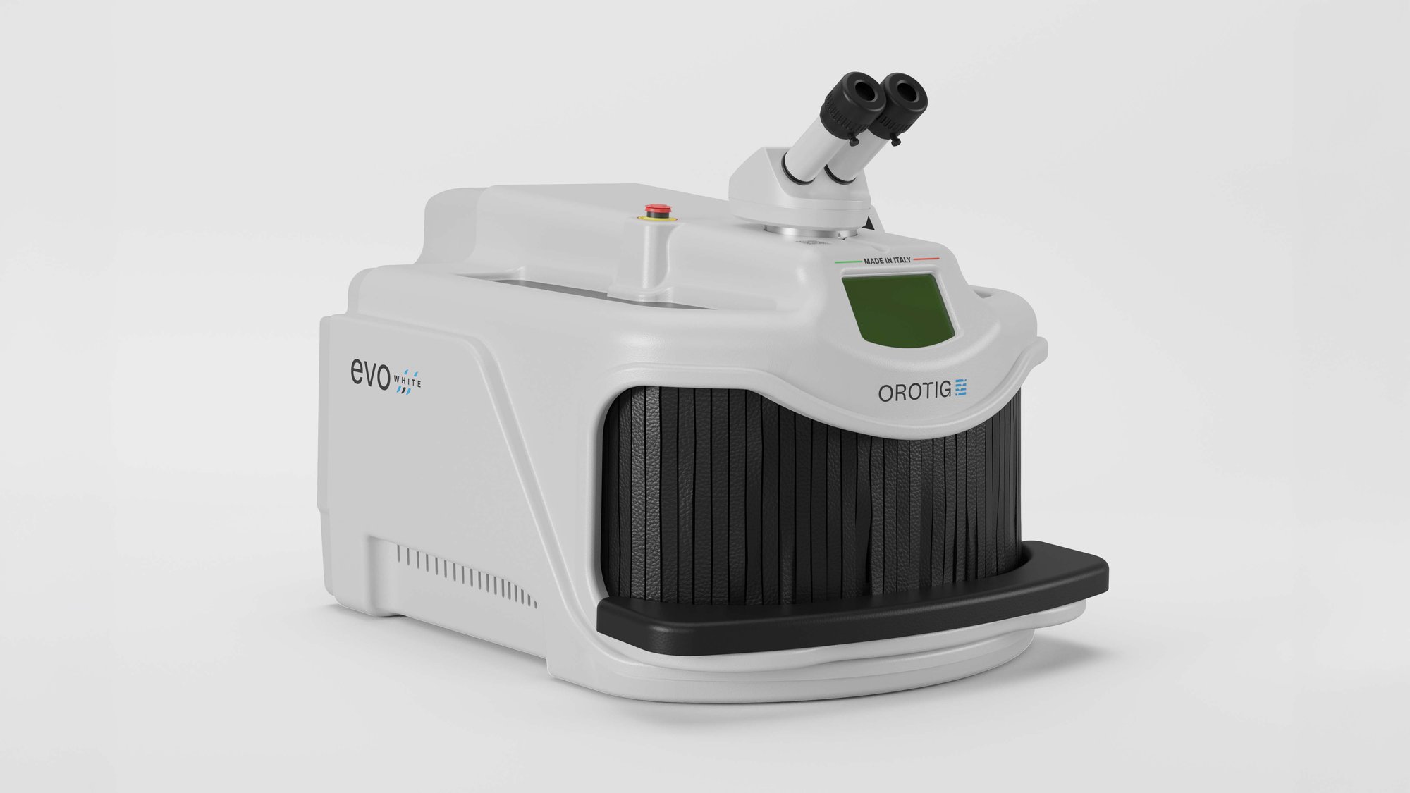 Orotig Evo White laser welder side view — versatile and compact machine for jewelry and dental repairs and small custom work