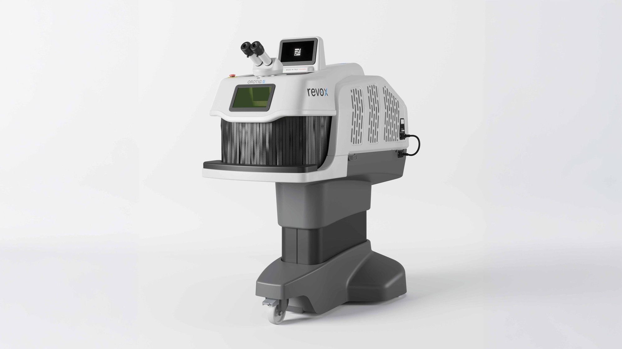 Orotig Revo X laser welder with motorized stand side view — top performance for intensive production cycles