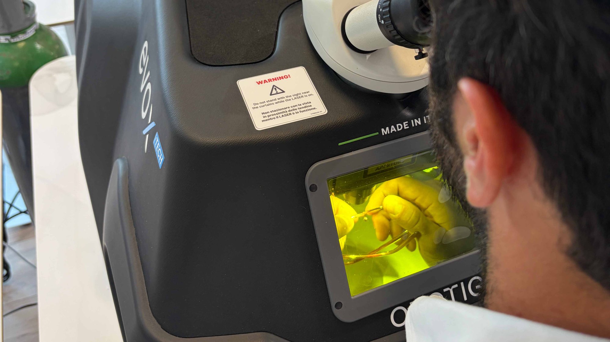 Welding work with the Evo X Tech machine on sample eyewear brought by a client
