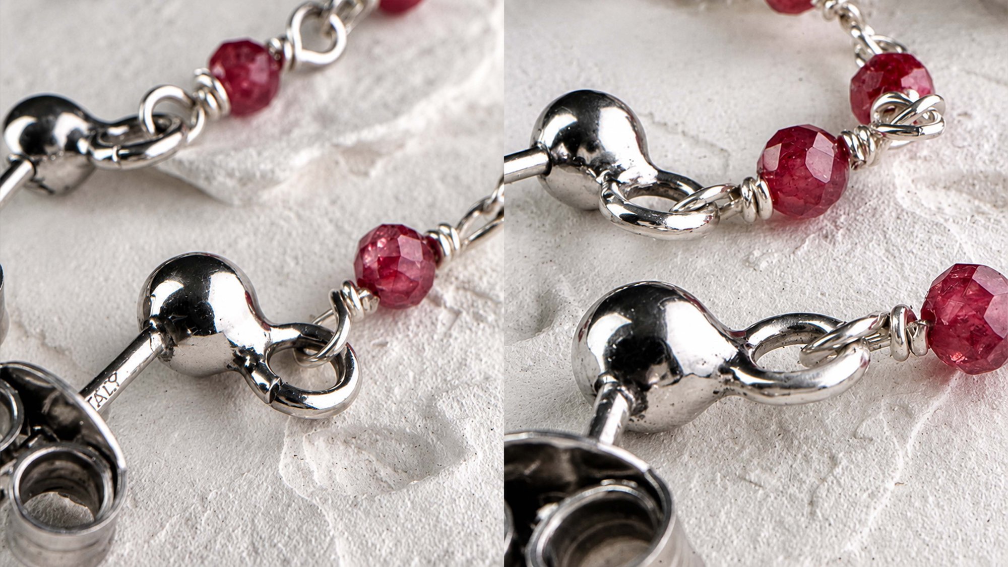 Detail of an agate drop earring before and after laser welding of the closing jump ring
