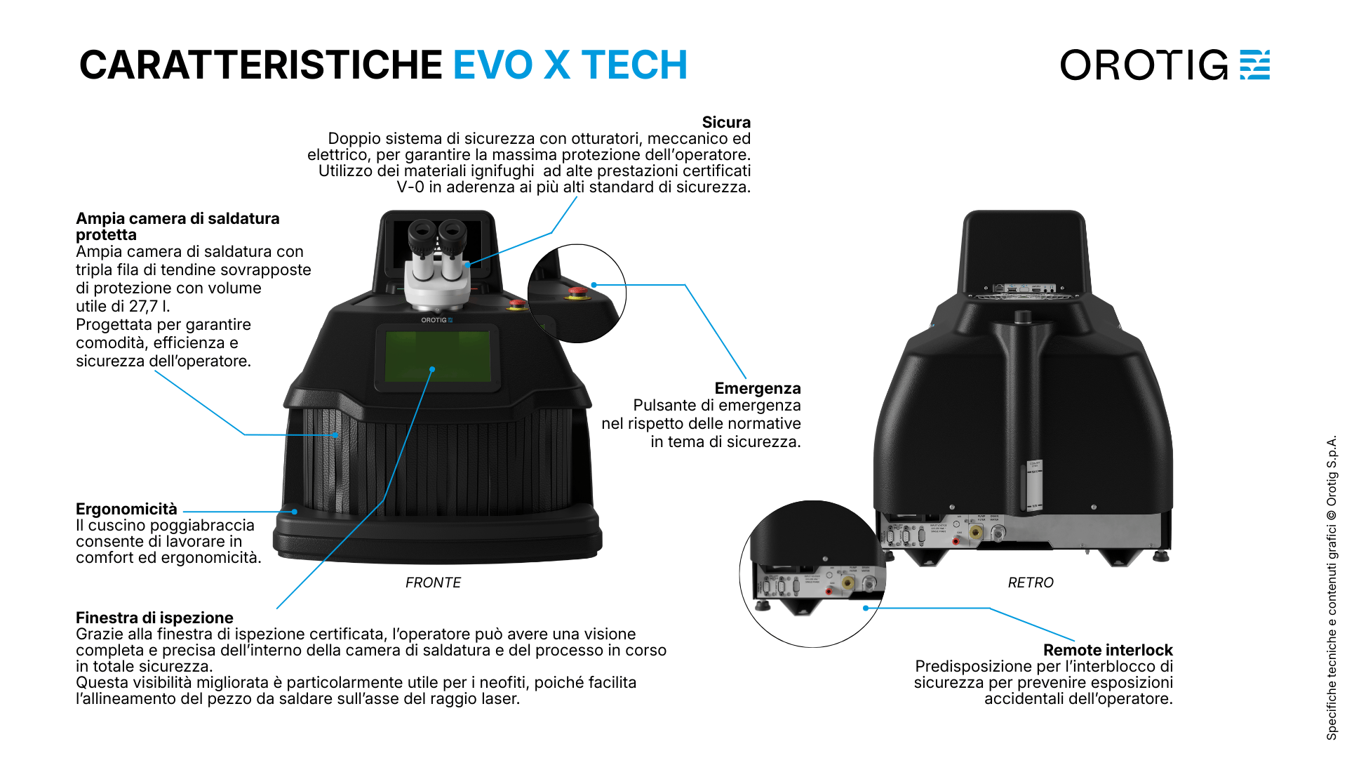 Primo piano della saldatrice laser Evo X Tech con elencate le caratteristiche che la rendono sicura by design