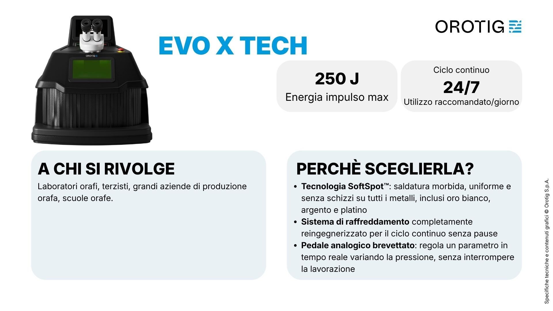 Tabella riassuntiva lineup saldatrici laser Orotig: Evo X Tech