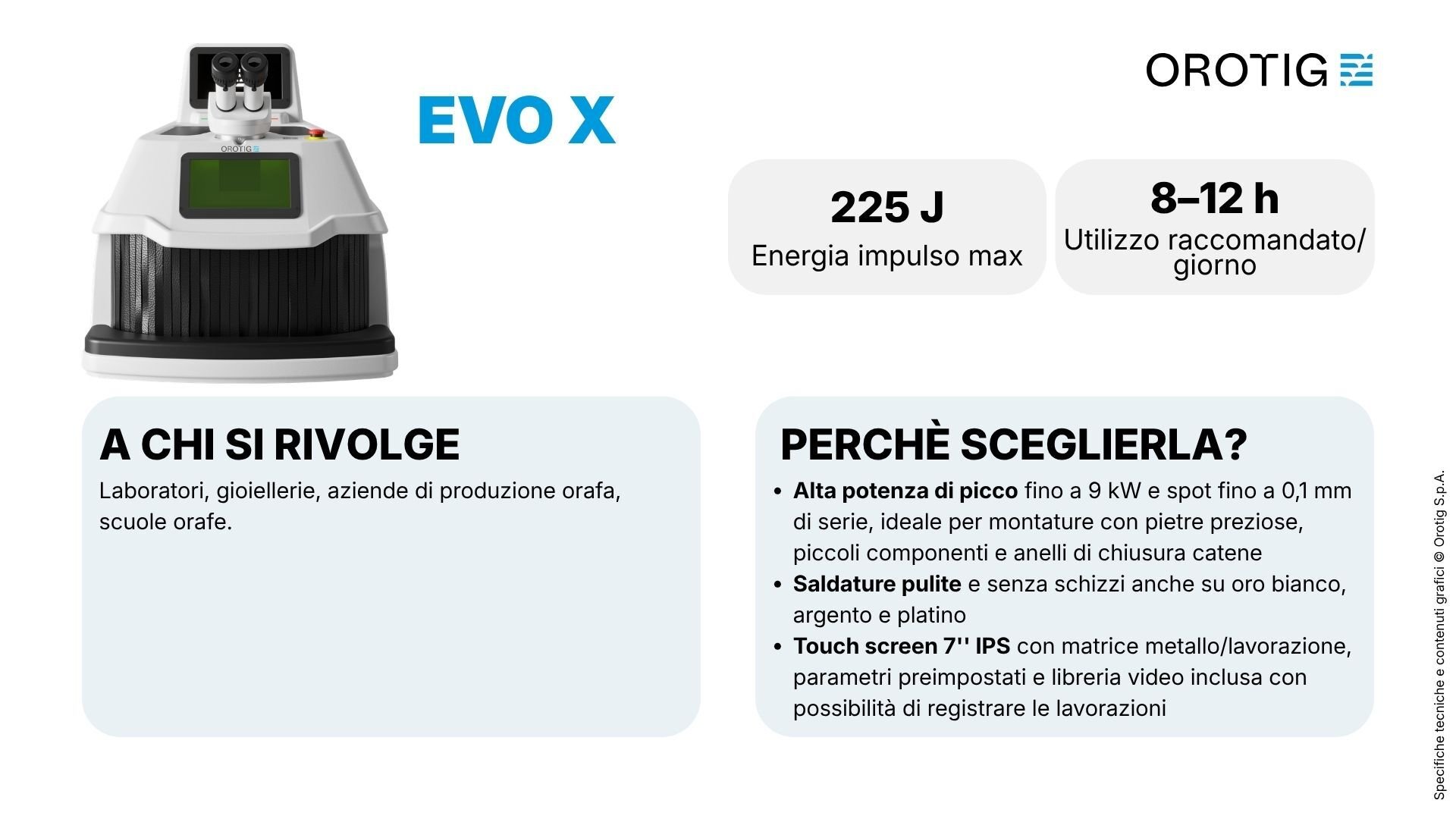 Tabella riassuntiva lineup saldatrici laser Orotig: Evo X