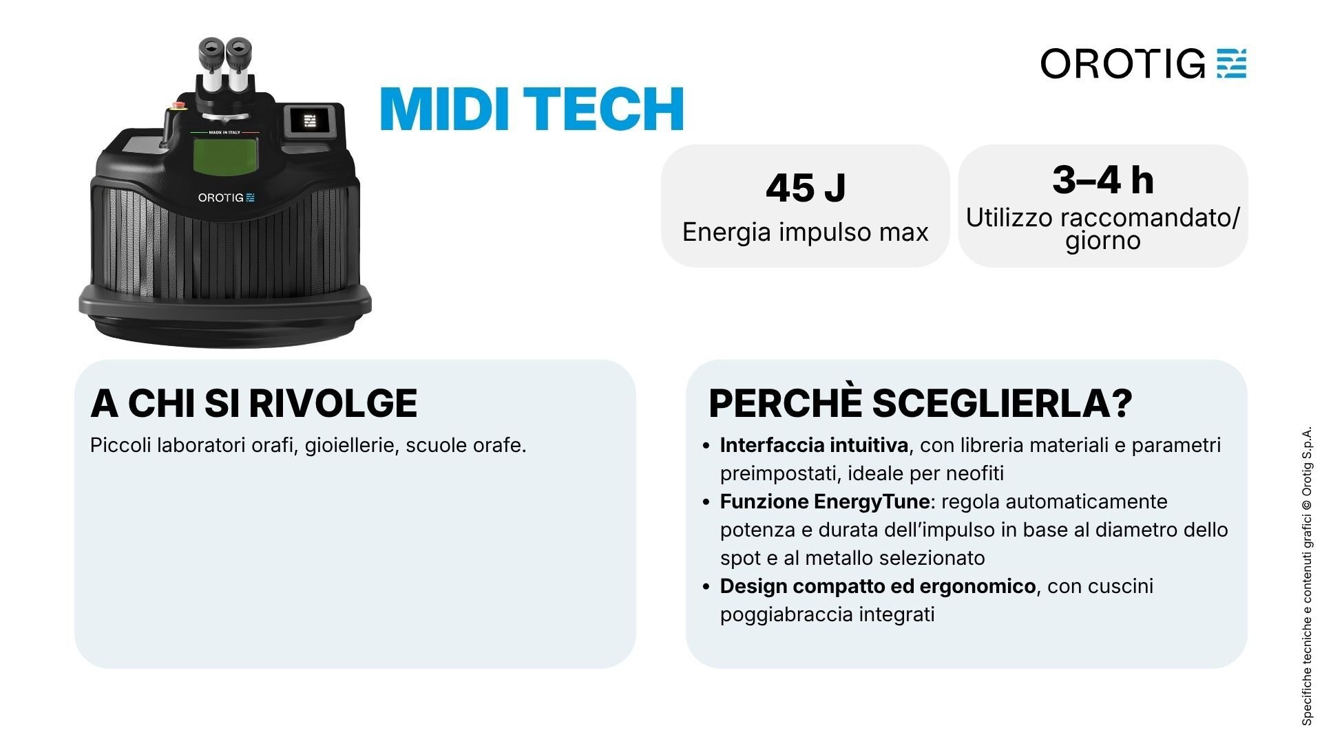 Tabella riassuntiva lineup saldatrici laser Orotig: Midi Tech
